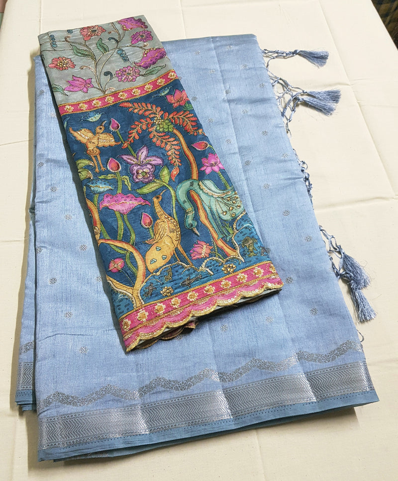 Raw Silk Saree - Kalamkari hand work blouse