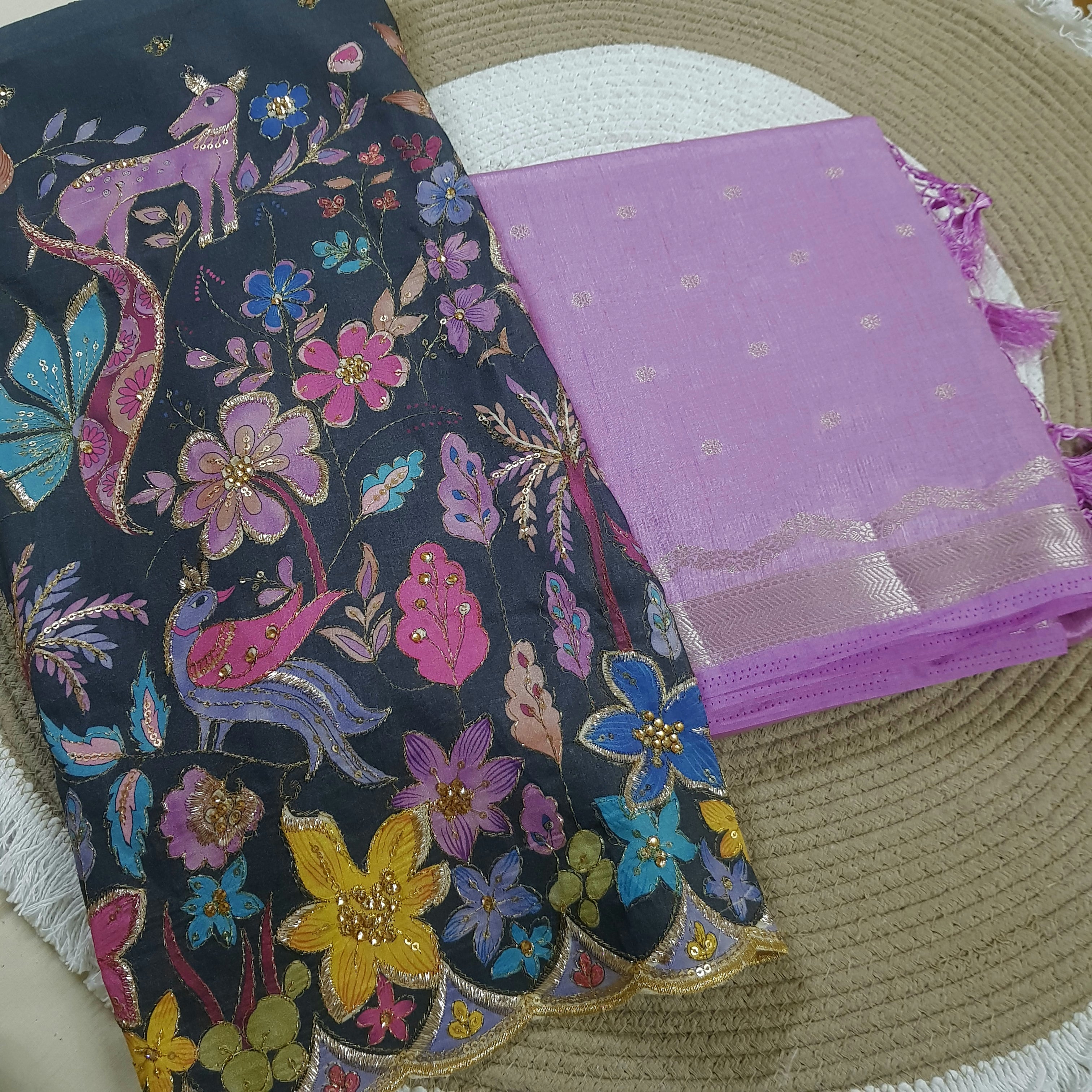 Raw Silk Saree - Kalamkari hand work blouse