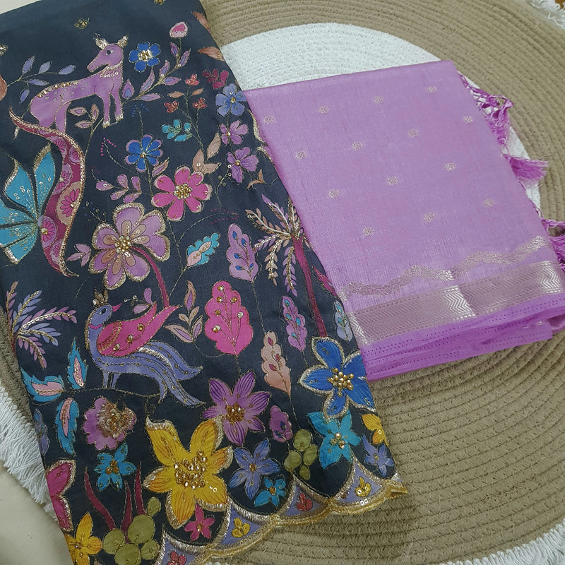 Raw Silk Saree - Kalamkari hand work blouse
