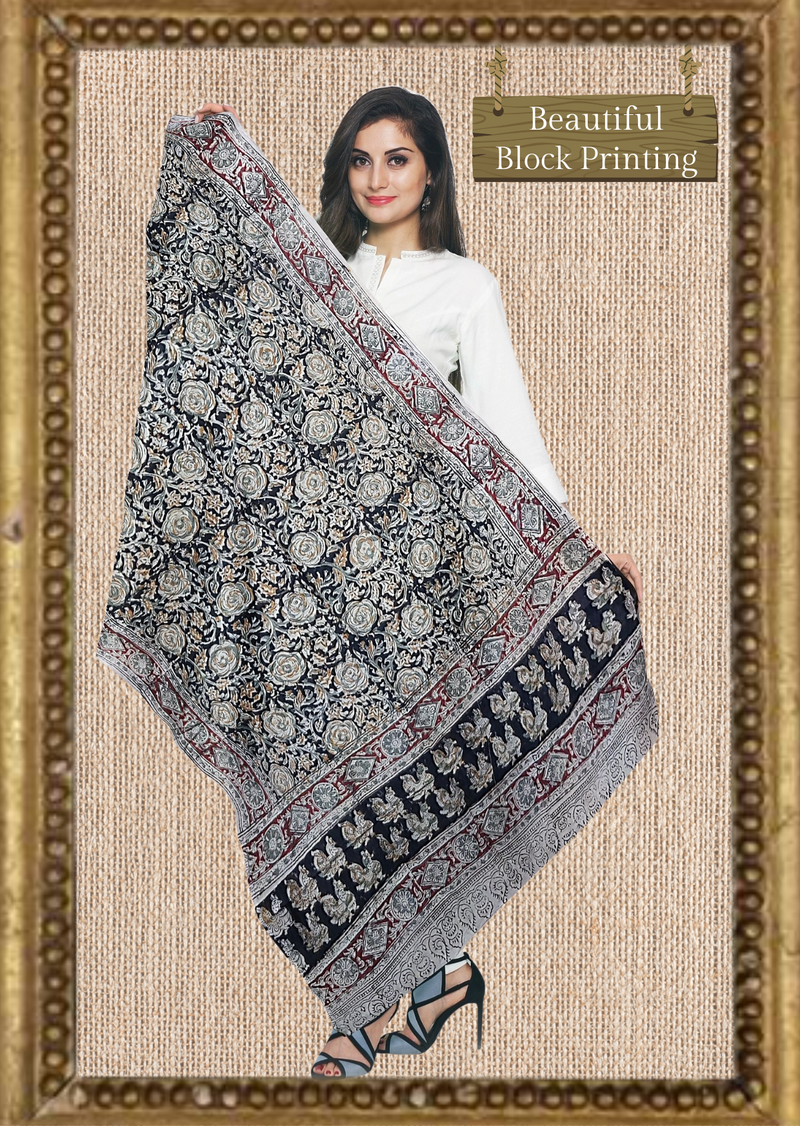 Block Printed Cotton Mulmul Kalamkari Dupatta