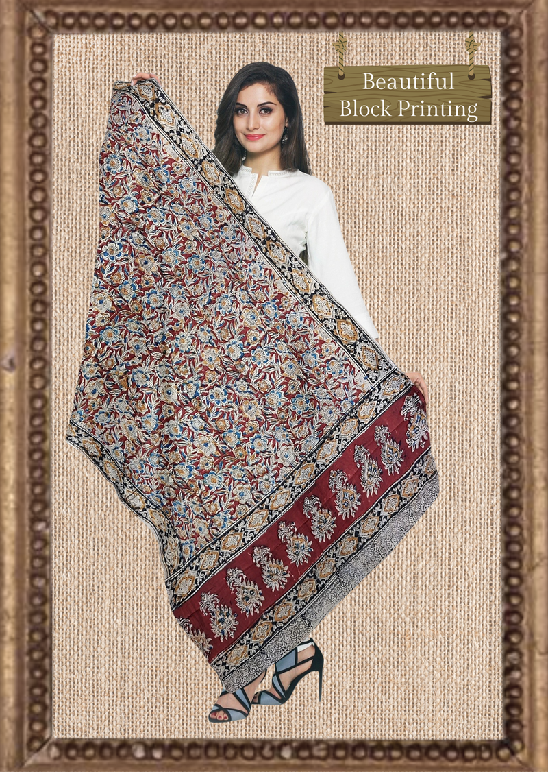 Block Printed Cotton Mulmul Kalamkari Dupatta