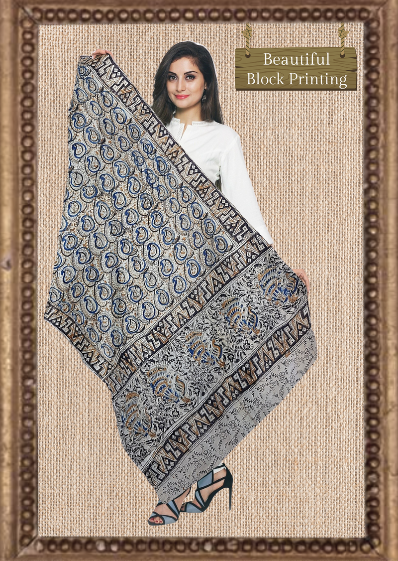 Block Printed Cotton Mulmul Kalamkari Dupatta