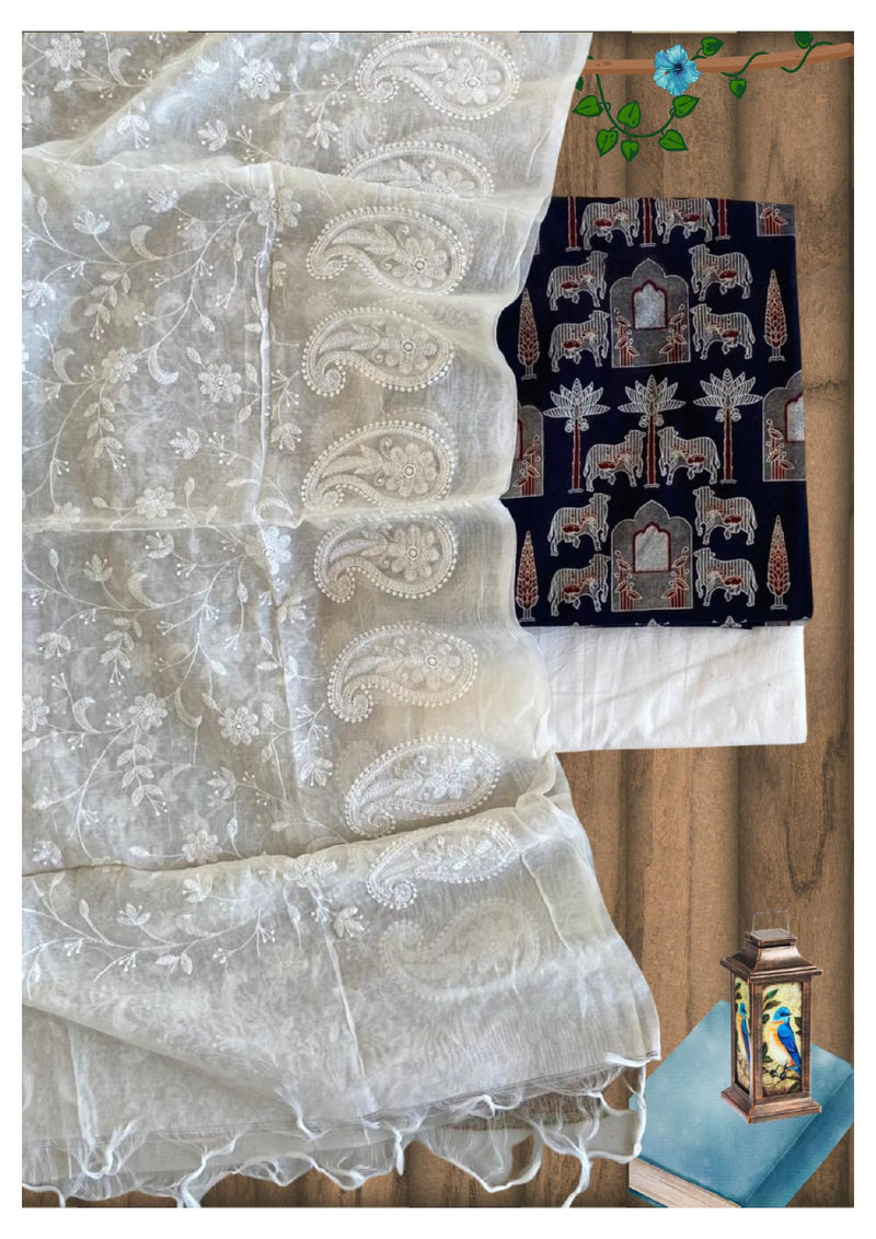 Ajrakh cotton printed top with chanderi embroidery dupatta