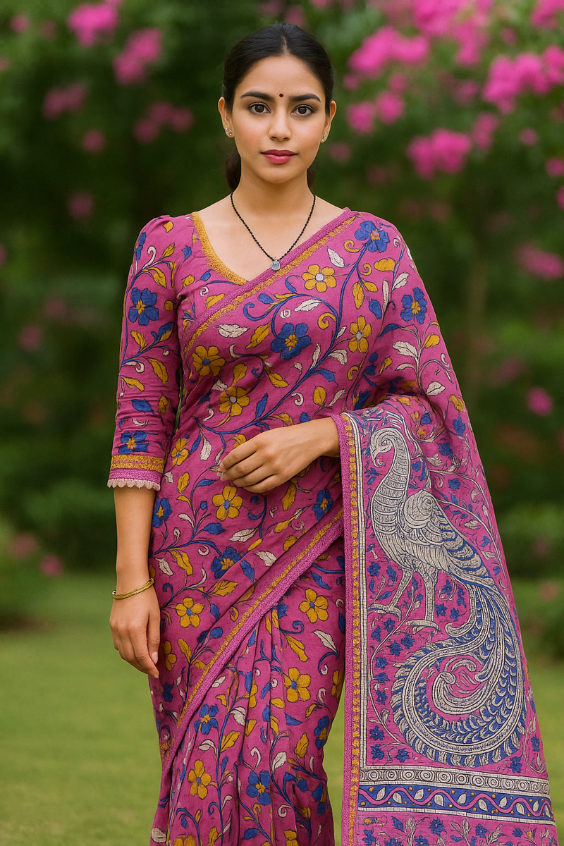 🌸 Kalamkari Kota Cotton Saree – Pure Handcrafted Elegance