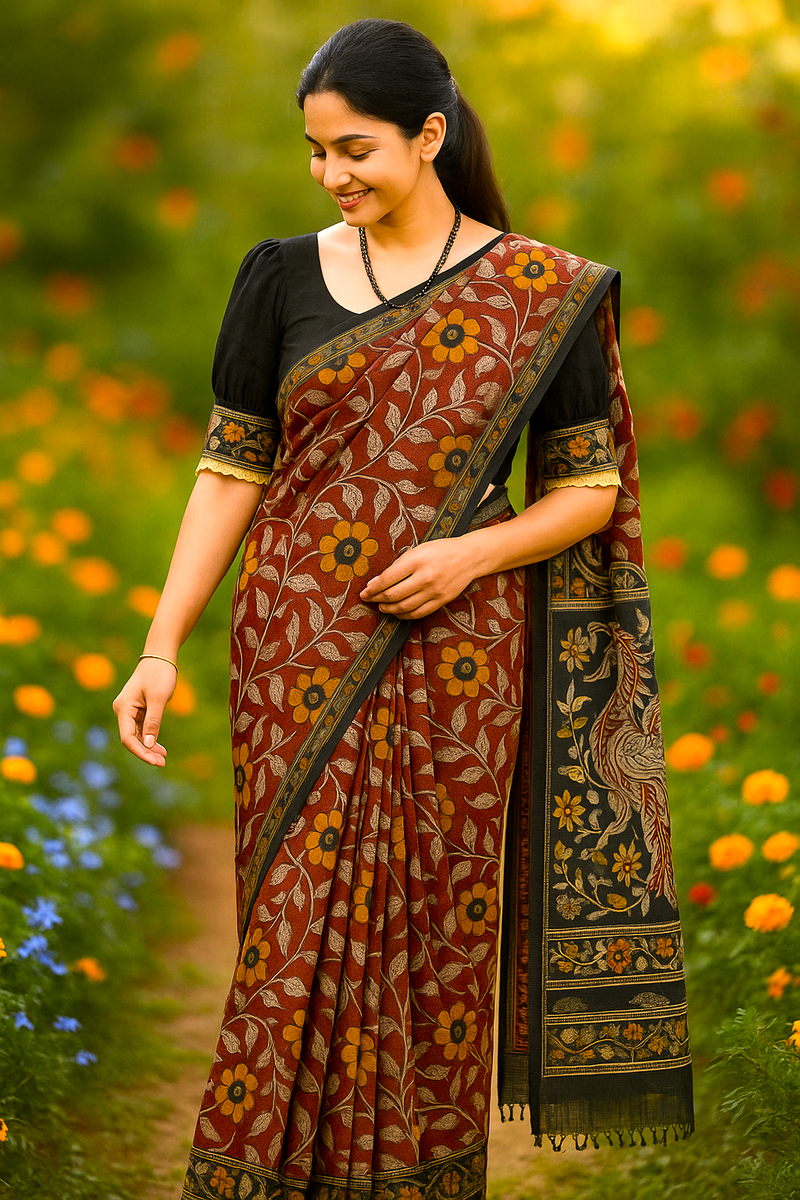 🌸 Kalamkari Kota Cotton Saree – Pure Handcrafted Elegance