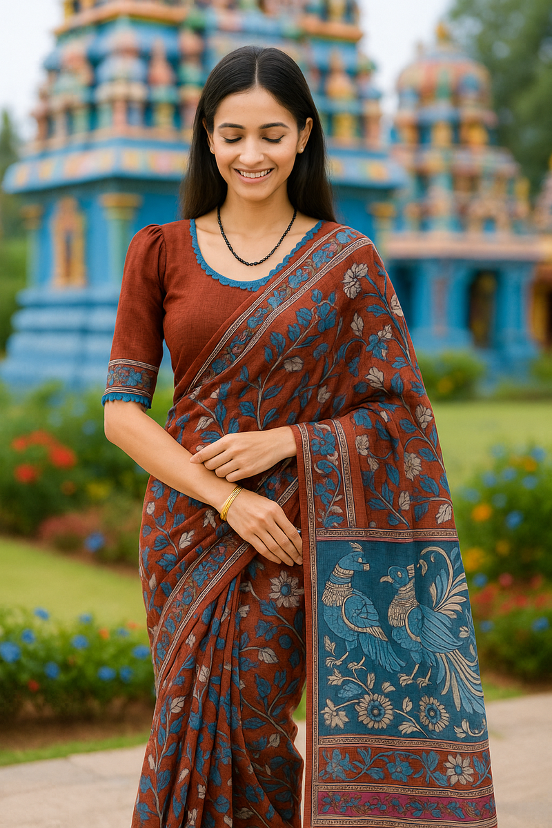 🌸 Kalamkari Kota Cotton Saree – Pure Handcrafted Elegance