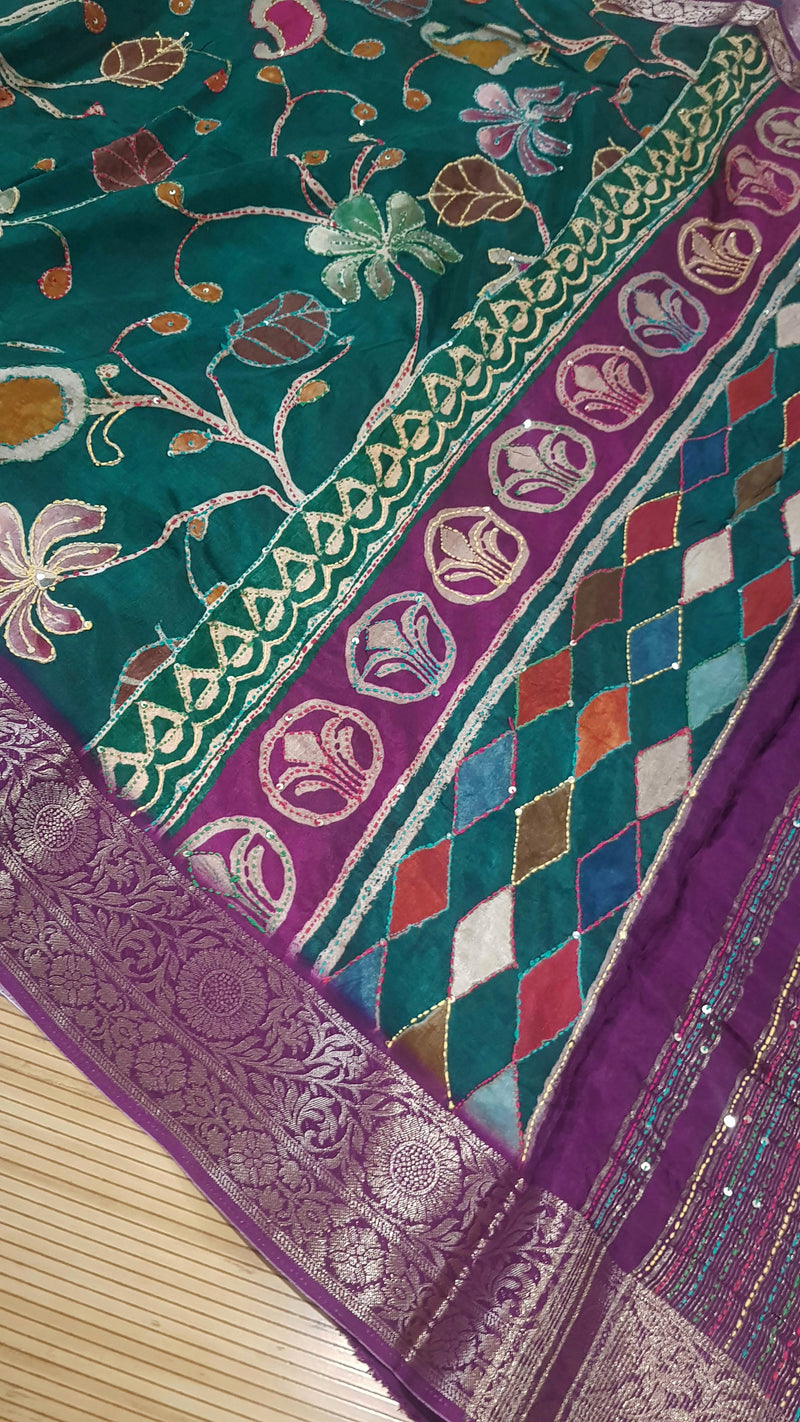 Pure Dola Crepe Silk Saree with Hand Embroidery & Zari Border – Elegant Floral Design