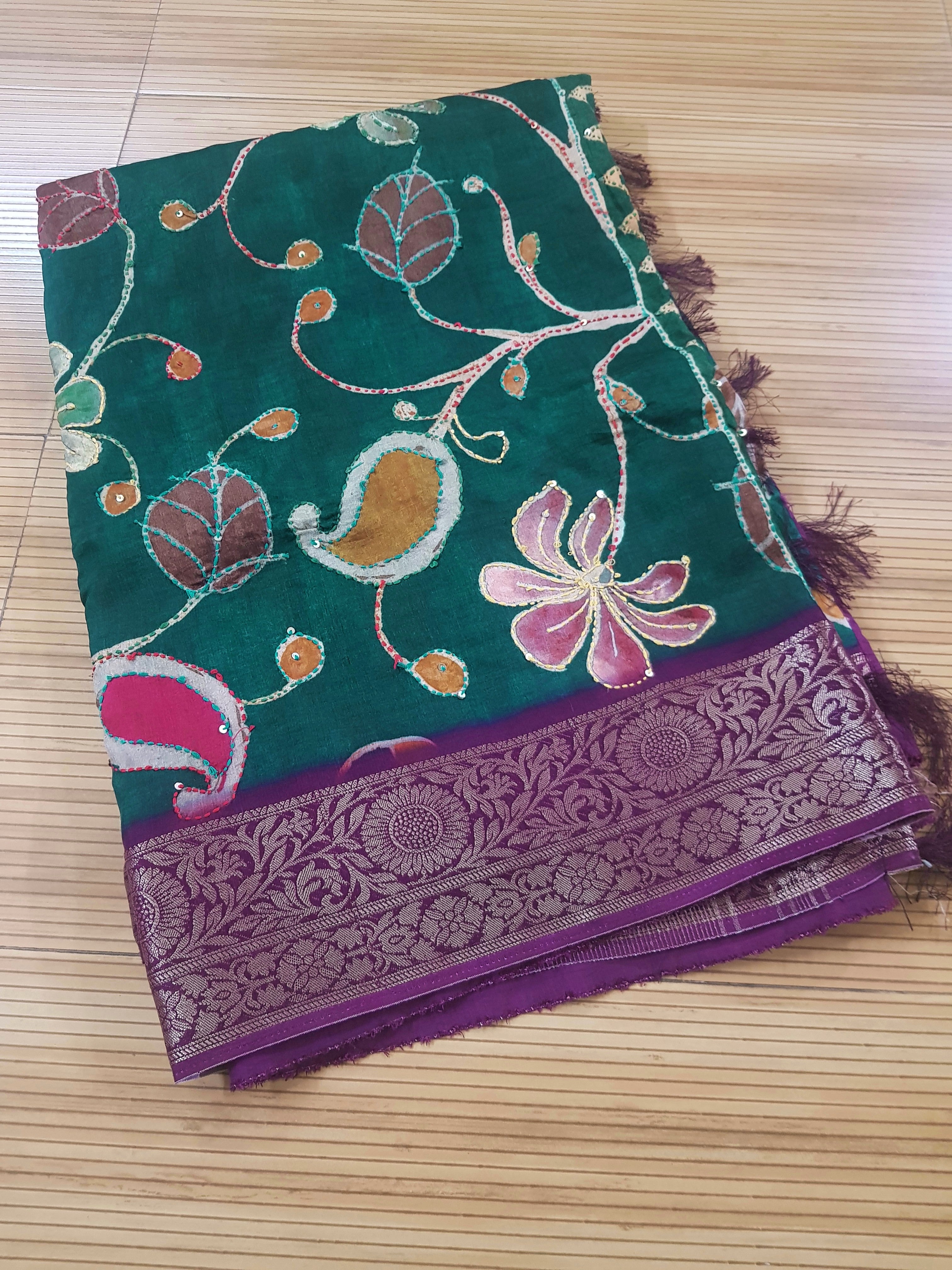 Pure Dola Crepe Silk Saree with Hand Embroidery & Zari Border – Elegant Floral Design