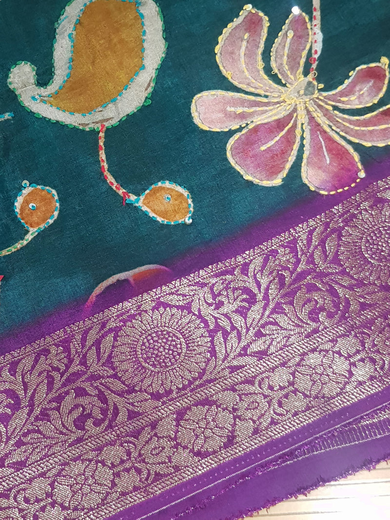 Pure Dola Crepe Silk Saree with Hand Embroidery & Zari Border – Elegant Floral Design
