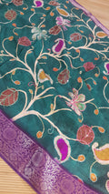 Pure Dola Crepe Silk Saree with Hand Embroidery & Zari Border – Elegant Floral Design