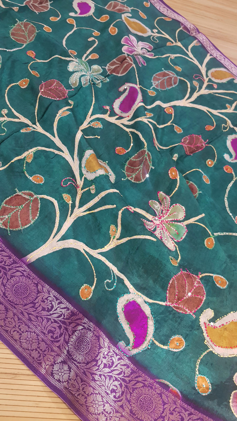 Pure Dola Crepe Silk Saree with Hand Embroidery & Zari Border – Elegant Floral Design