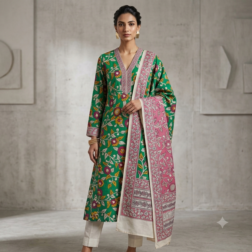 Kalamkari 2 pc set - Cotton Top & Cotton Dupatta