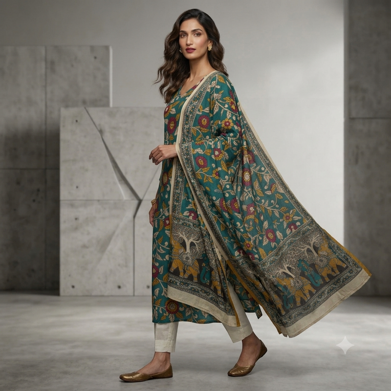 Kalamkari 2 pc set - Cotton Top & Cotton Dupatta