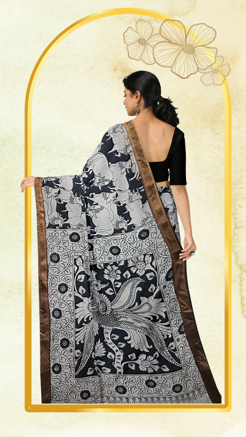 Kalamkari Silk Saree with Zari Border – Handcrafted