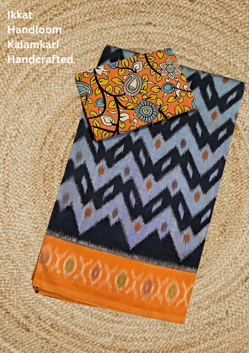 Ikkat Handloom Mercerized Cotton Saree + Kalamkari Blouse