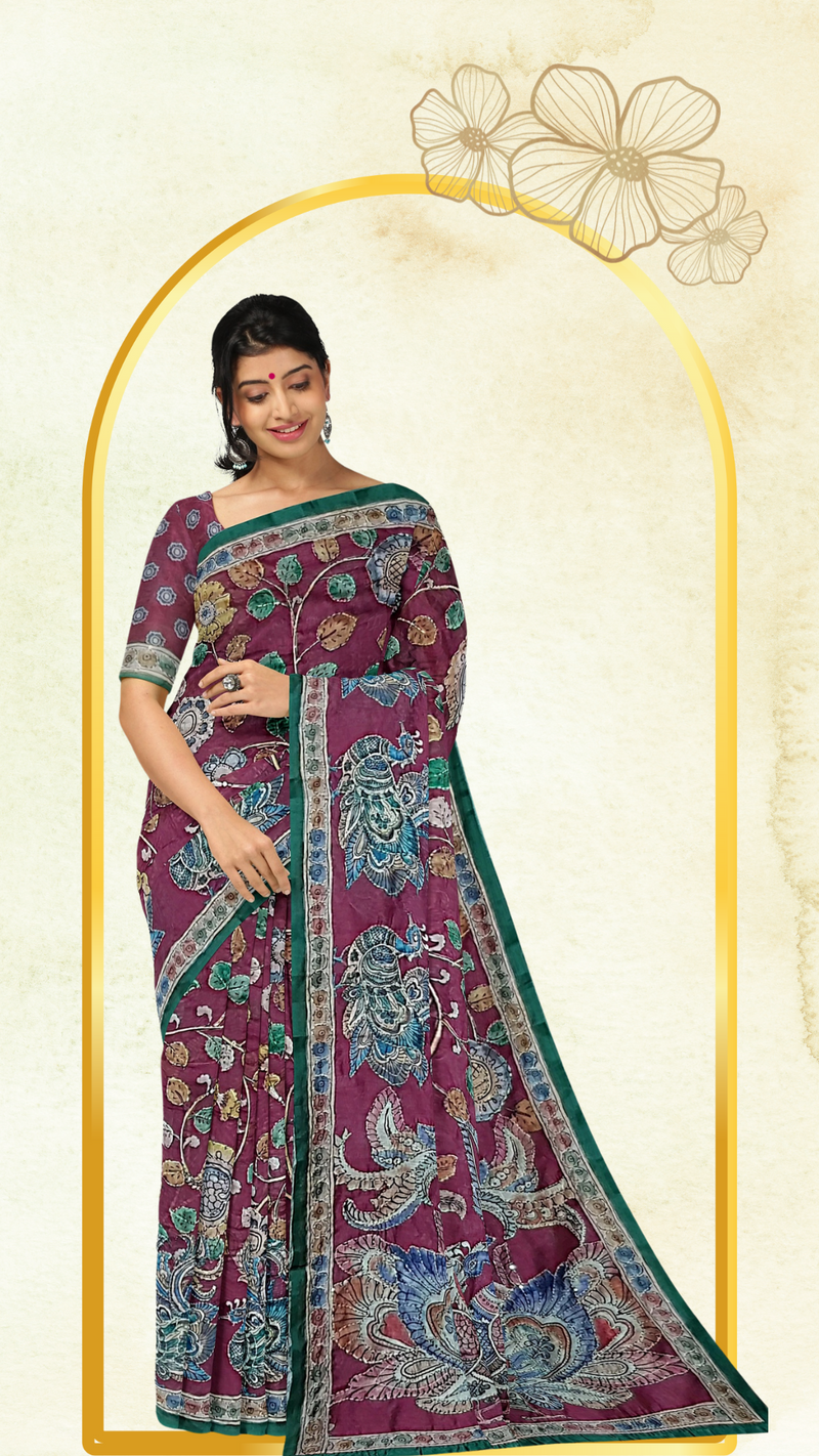 Kalamkari Kantha Work Chanderi Silk Saree – Handcrafted