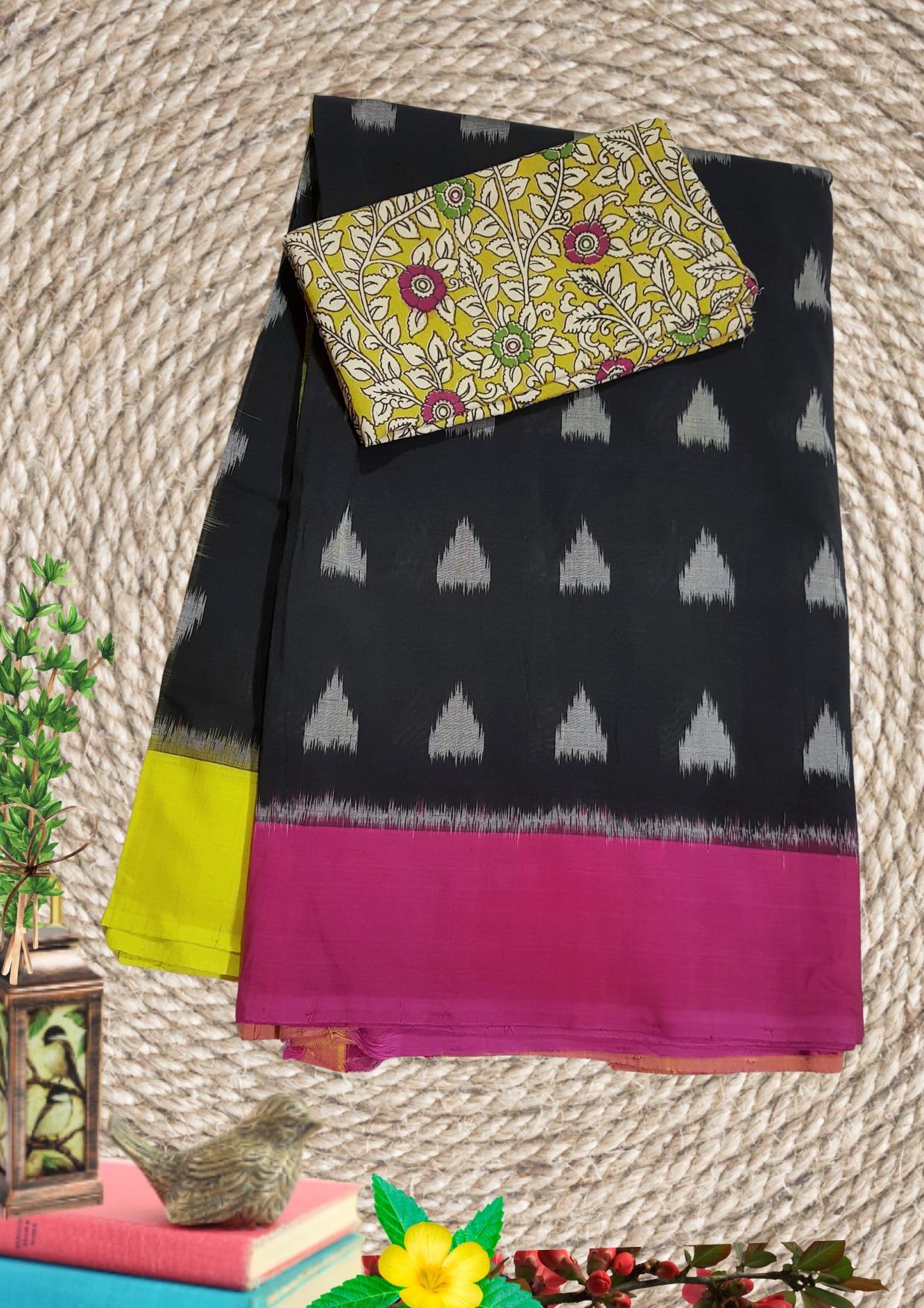 Ikkat Handloom Mercerized Cotton Saree + Kalamkari Blouse