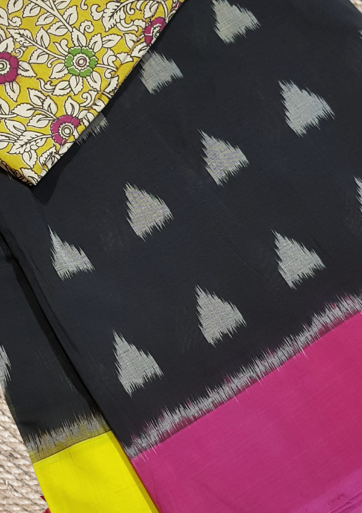 Ikkat Handloom Mercerized Cotton Saree + Kalamkari Blouse