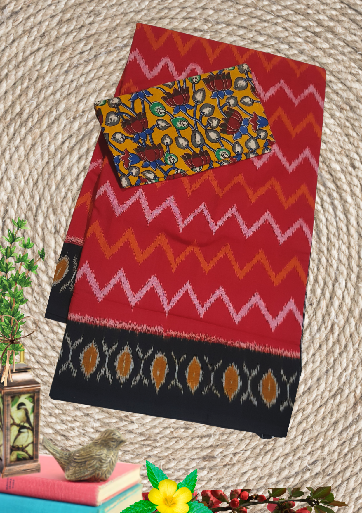 Ikkat Handloom Mercerized Cotton Saree + Kalamkari Blouse