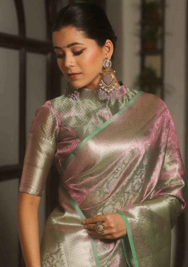 Tissue Silk Saree Silver Banarasi - 2 Tone