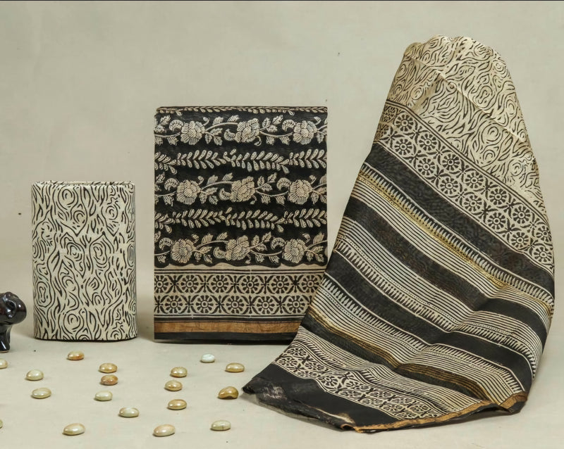 Bagru Print Chanderi Silk Designer Dress Material - Handcrafted
