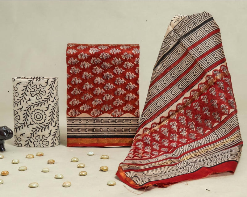 Bagru Print Chanderi Silk Designer Dress Material - Handcrafted