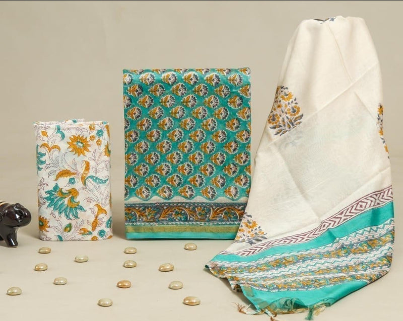 Bagru Print Chanderi Silk Designer Dress Material - Handcrafted