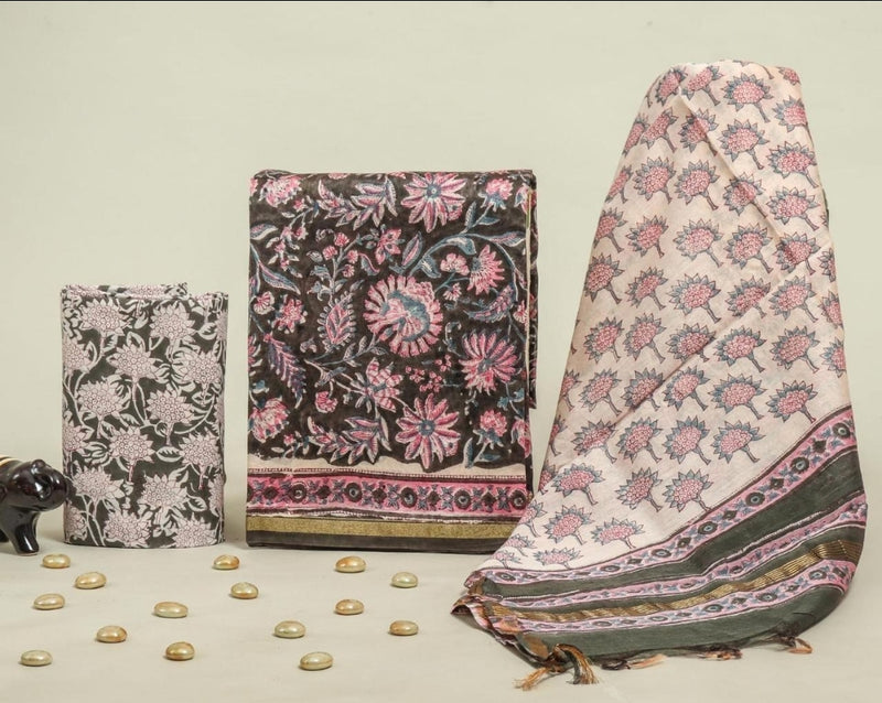 Bagru Print Chanderi Silk Designer Dress Material - Handcrafted