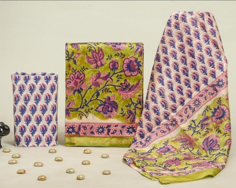 Bagru Print Chanderi Silk Designer Dress Material - Handcrafted