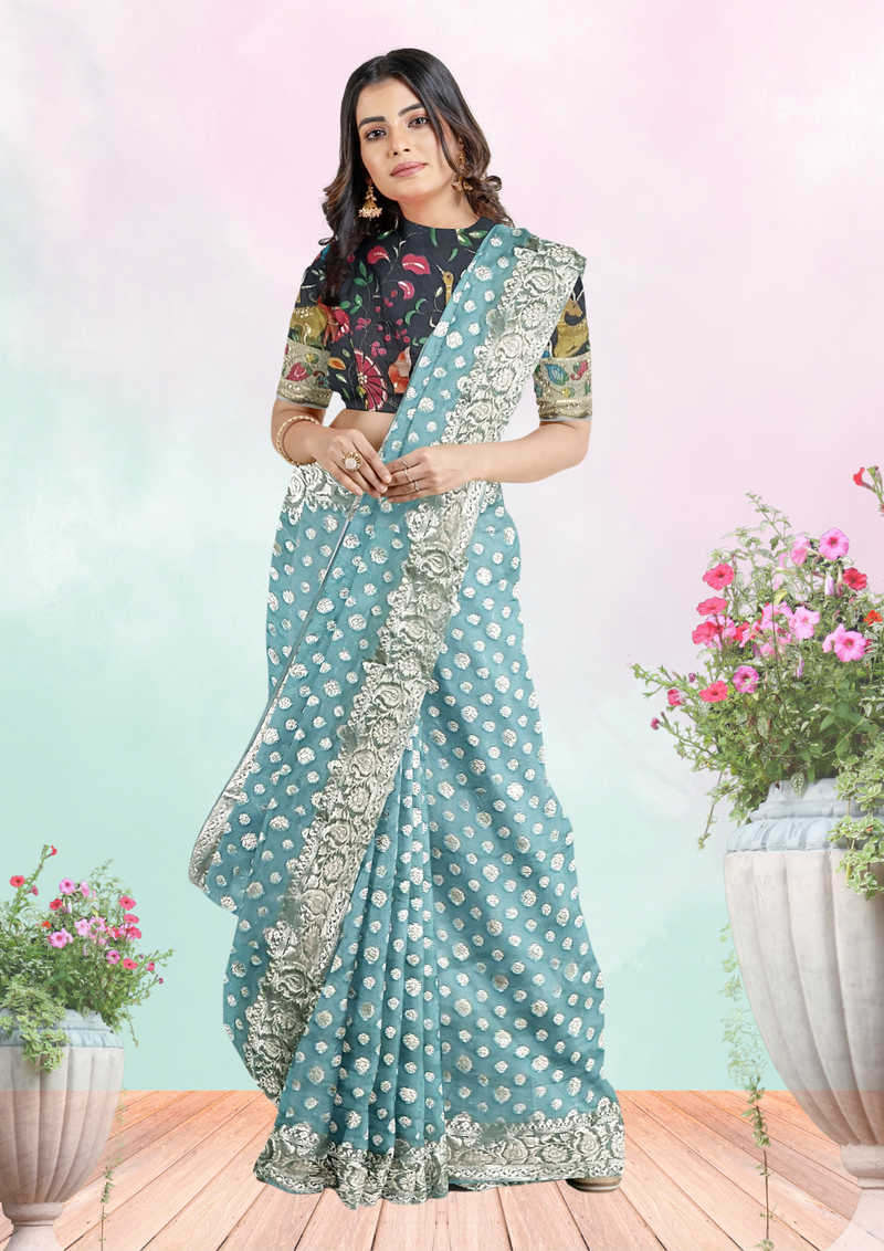 Banarasi Georgette Saree – Antique Gold Zari Buta - Kalamkari Blouse with zari work