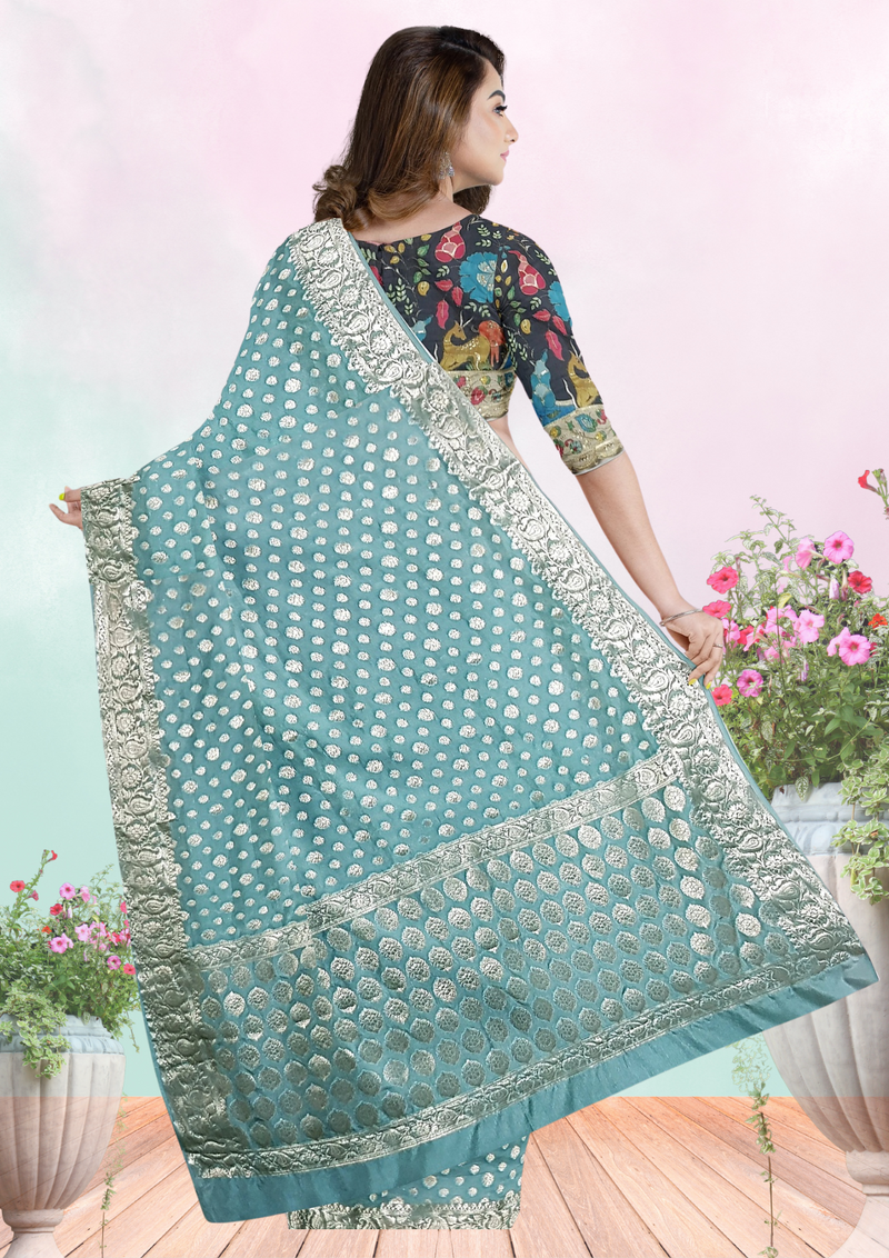 Banarasi Georgette Saree – Antique Gold Zari Buta - Kalamkari Blouse with zari work