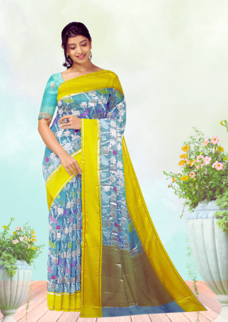 Silk Zari Kota Saree with Nandi Weaving – Blue Elegance with a Twist of Tradition