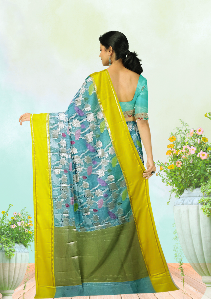 Silk Zari Kota Saree with Nandi Weaving – Blue Elegance with a Twist of Tradition