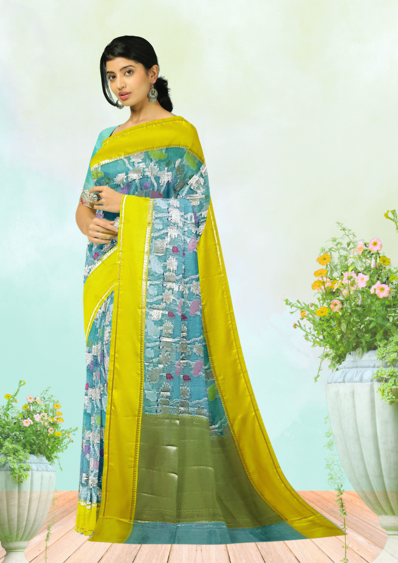 Silk Zari Kota Saree with Nandi Weaving – Blue Elegance with a Twist of Tradition