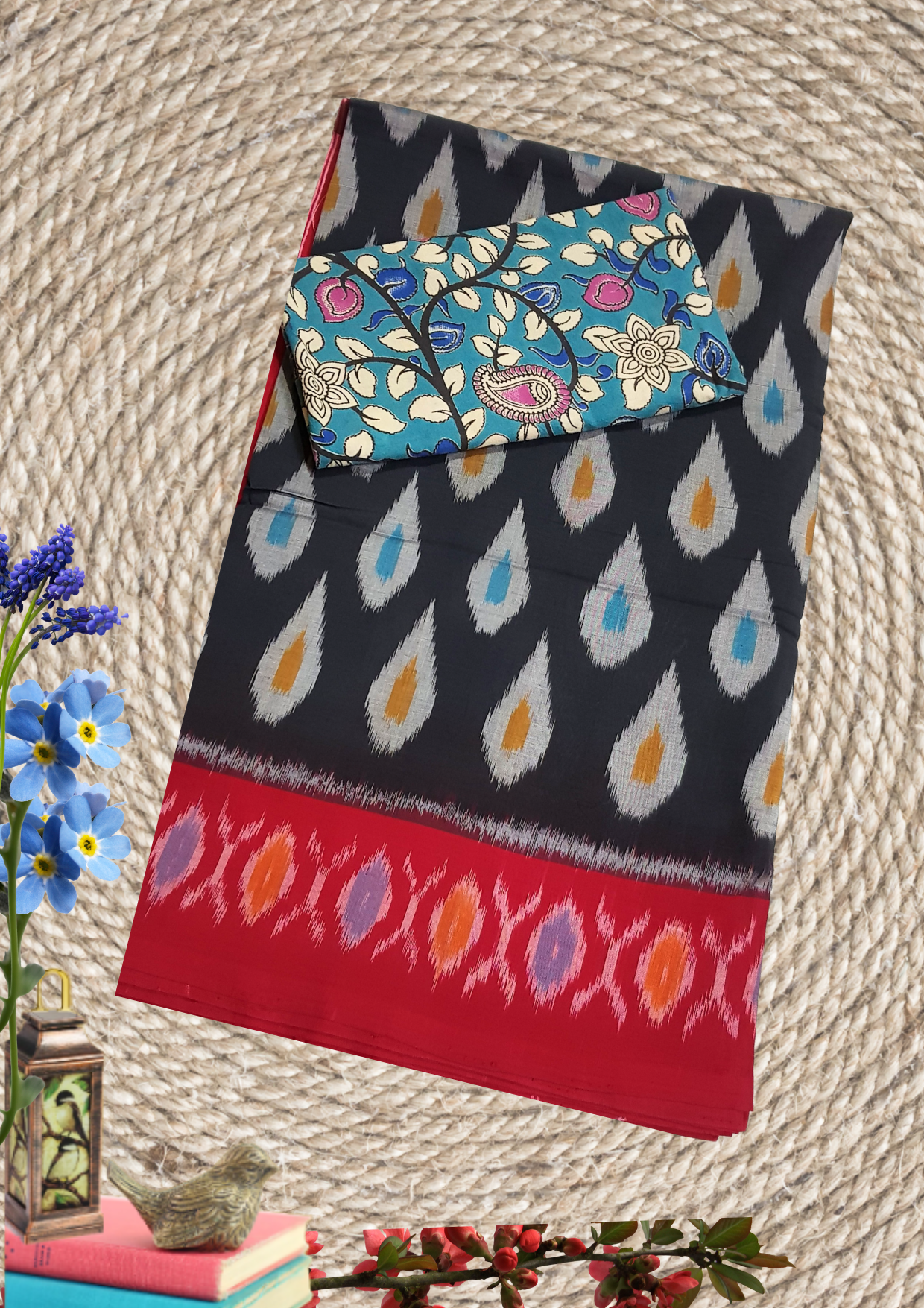 Ikkat Handloom Mercerized Cotton Saree + Kalamkari Blouse