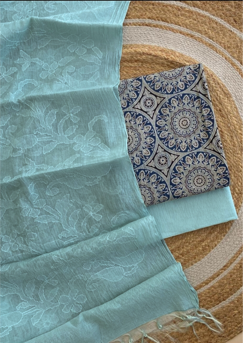 Ajrakh cotton printed top with chanderi embroidery dupatta
