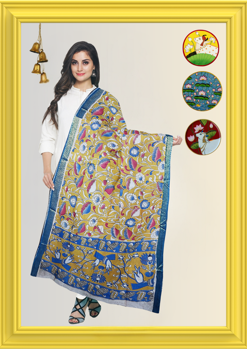 Nellore Silk Kalamkari Dupatta with Nizam Zari Border