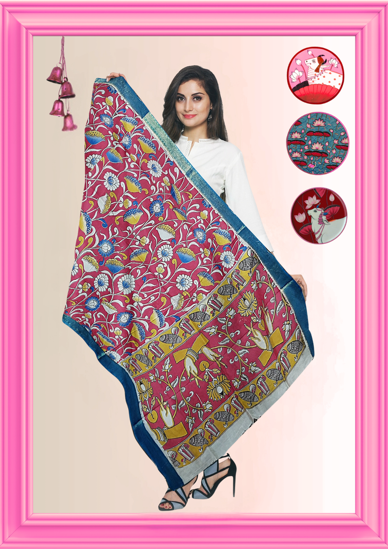 Nellore Silk Kalamkari Dupatta with Nizam Zari Border