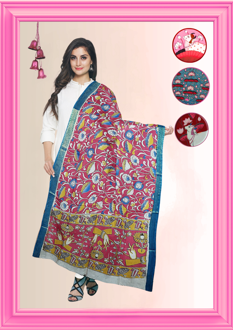 Nellore Silk Kalamkari Dupatta with Nizam Zari Border