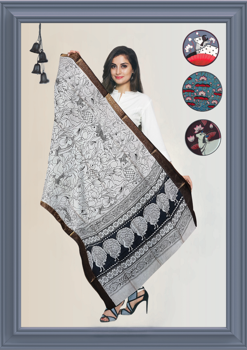 Nellore Silk Kalamkari Dupatta with Nizam Zari Border