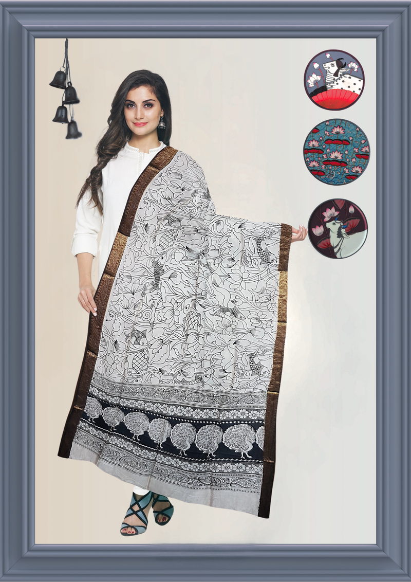 Nellore Silk Kalamkari Dupatta with Nizam Zari Border
