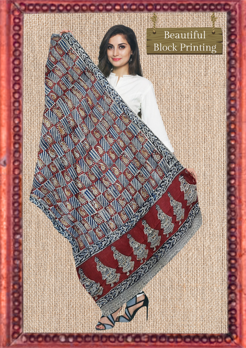 Block Printed Cotton Mulmul Kalamkari Dupatta