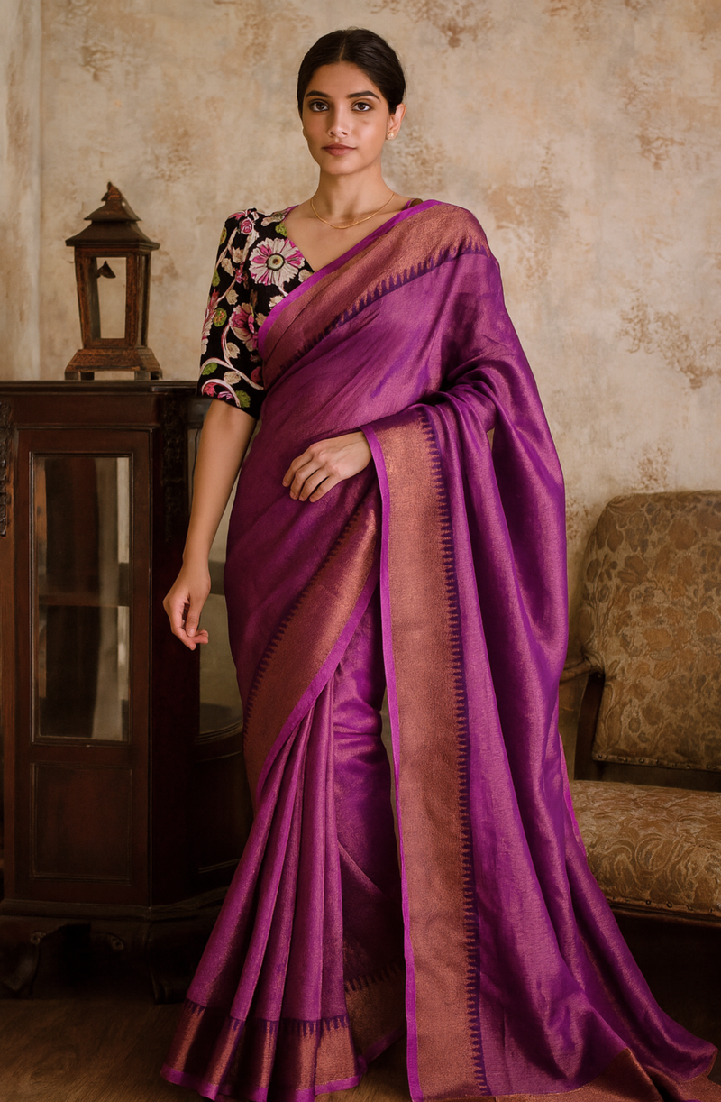 Tissue Silk With Zari Temple Border