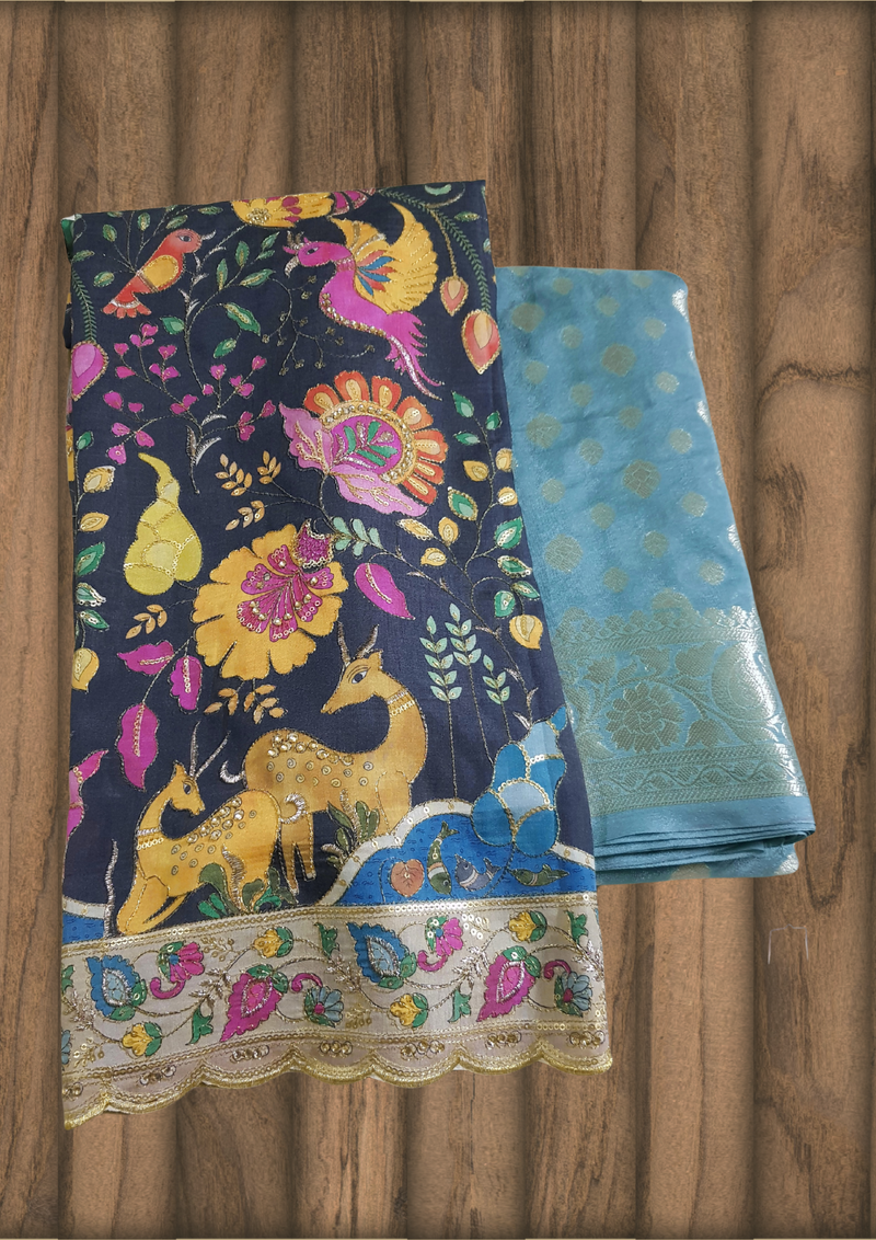 Banarasi Georgette Saree – Antique Gold Zari Buta - Kalamkari Blouse with zari work