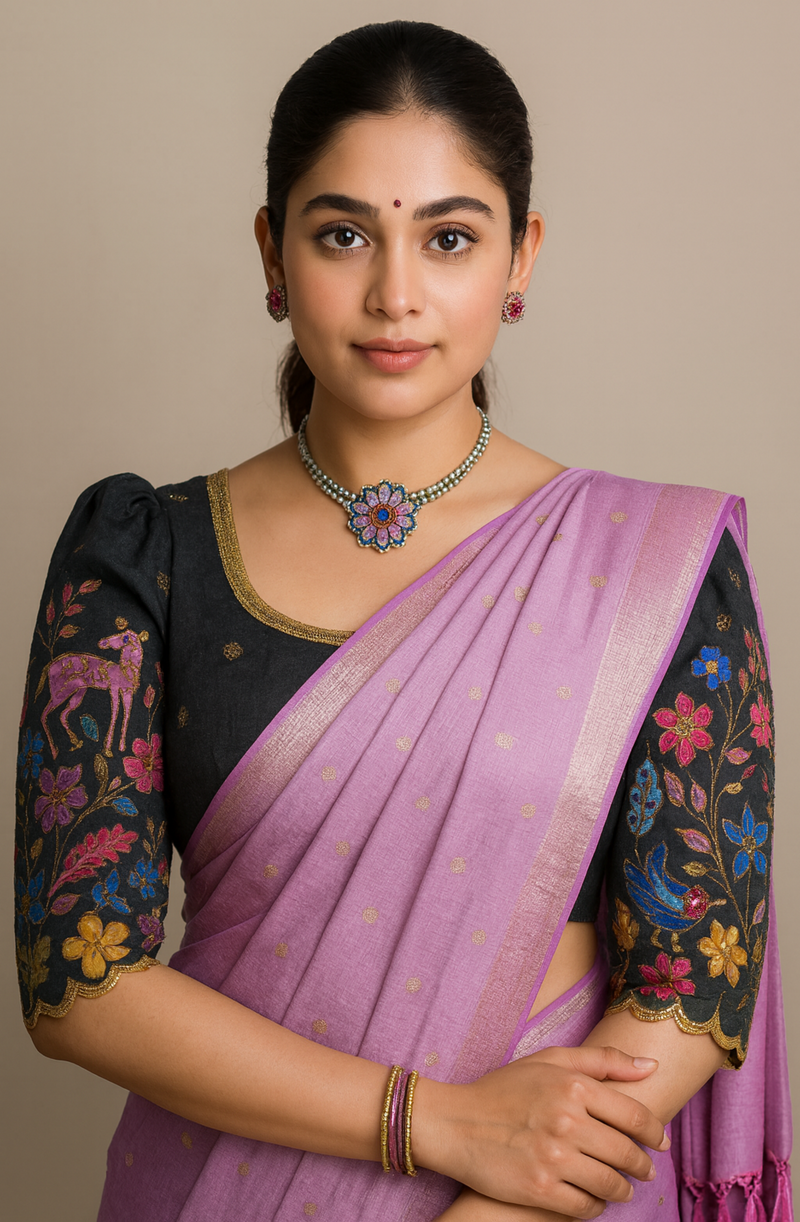 Raw Silk Saree - Kalamkari hand work blouse