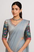 Raw Silk Saree - Kalamkari hand work blouse