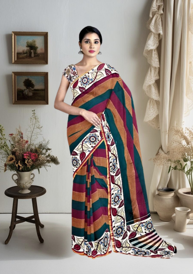 Handloom Cotton Saree with Multicolor Stripes and Kalamkari Border