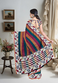 Handloom Cotton Saree with Multicolor Stripes and Kalamkari Border